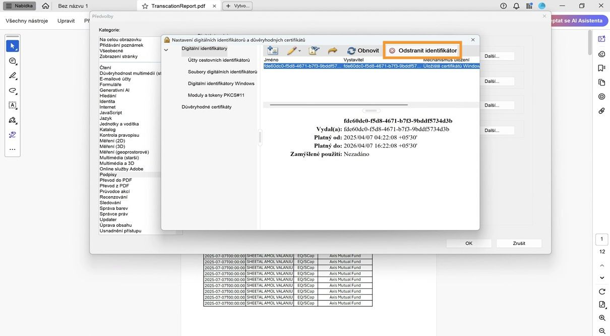 Dialogové okno Nastavení digitálního ID a důvěryhodných certifikátů zobrazuje vybrané digitální ID a zvýrazněnou možnost Odebrat ID.