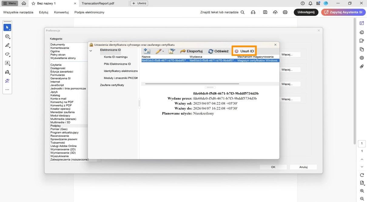 Okno dialogowe „Ustawienia identyfikatora cyfrowego i zaufanego certyfikatu” pokazuje wybrany identyfikator cyfrowy i podświetloną opcję Usuń identyfikator.