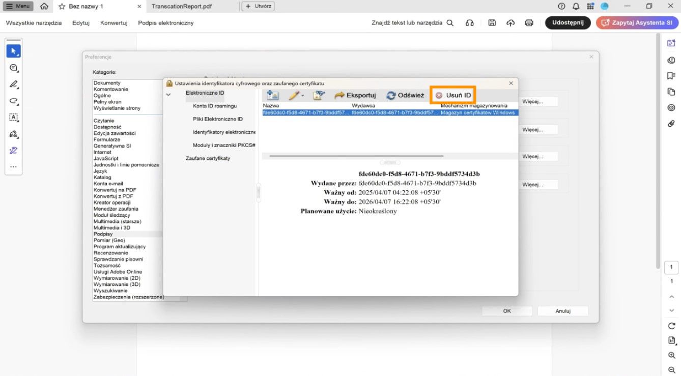 Okno dialogowe „Ustawienia identyfikatora cyfrowego i zaufanego certyfikatu” wyświetla wybrany identyfikator cyfrowy i podświetloną opcję Usuń identyfikator.