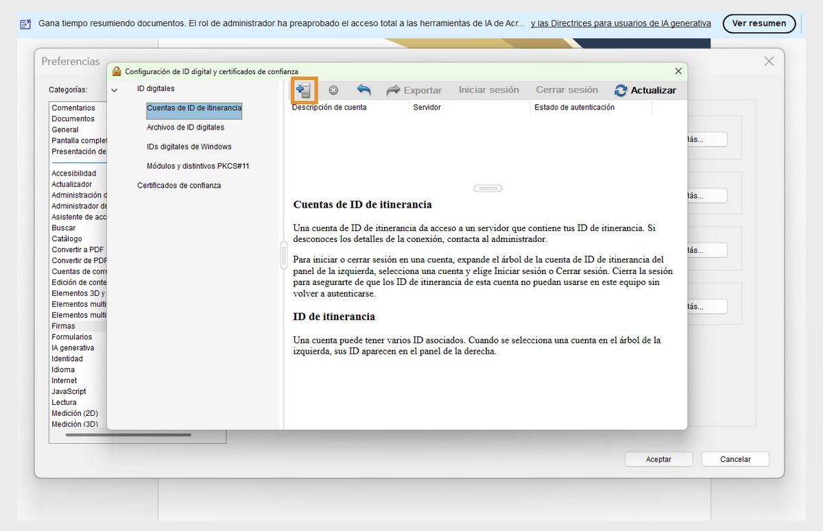 El cuadro de diálogo Configuración de ID digital y certificados de confianza muestra la opción Añadir ID junto con Importación y Actualizar en la sección Cuentas de ID móvil.