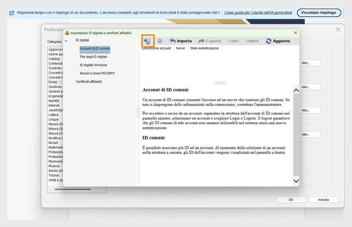 La finestra di dialogo Impostazioni ID digitale e certificato attendibile mostra l’opzione Aggiungi ID insieme a Importazione e Aggiorna nella sezione Account ID in roaming.