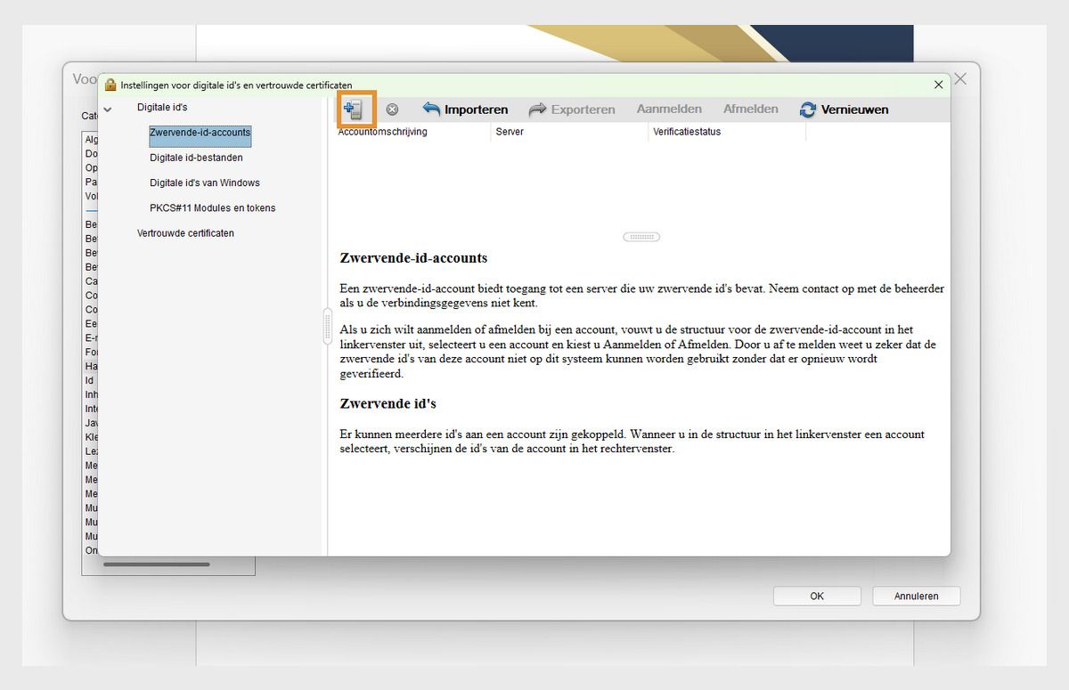 In het dialoogvenster Instellingen voor digitale ID en vertrouwde certificaten worden de optie ID toevoegen weergegeven, samen met Importeren en Vernieuwen onder het gedeelte Roaming-ID-accounts.