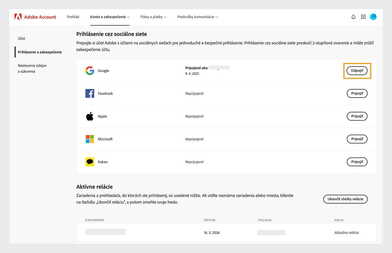 Tlačidlo Odpojiť, ktoré sa nachádza na pravej strane obrazovky v časti Prihlásenie cez sociálne siete, vám umožňuje odpojiť kontá na sociálnych sieťach od vášho konta Adobe. 