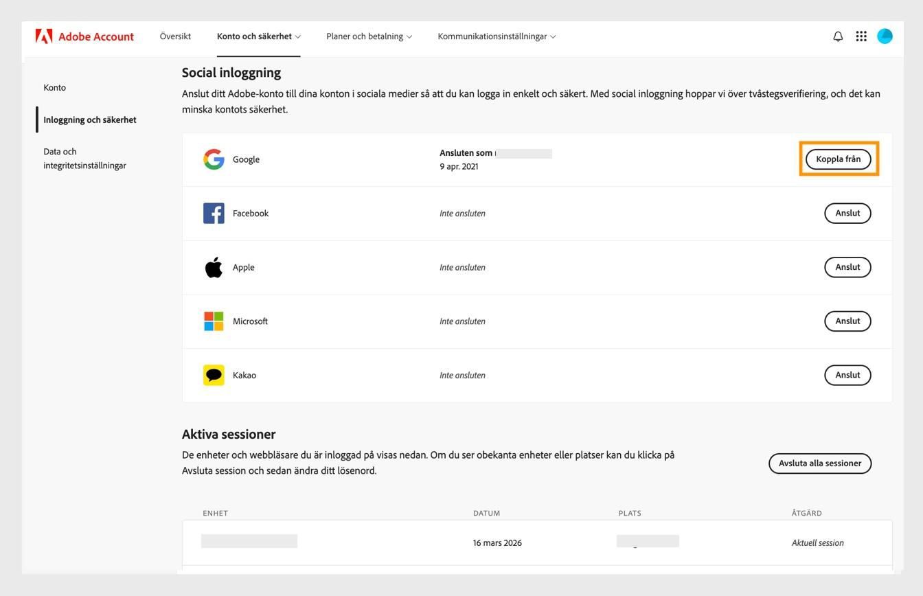 Med knappen Frånkoppla, som finns på höger sida av skärmen under Sociala medier-inloggning frånkopplar du dina sociala medier-konton från ditt Adobe-konto. 