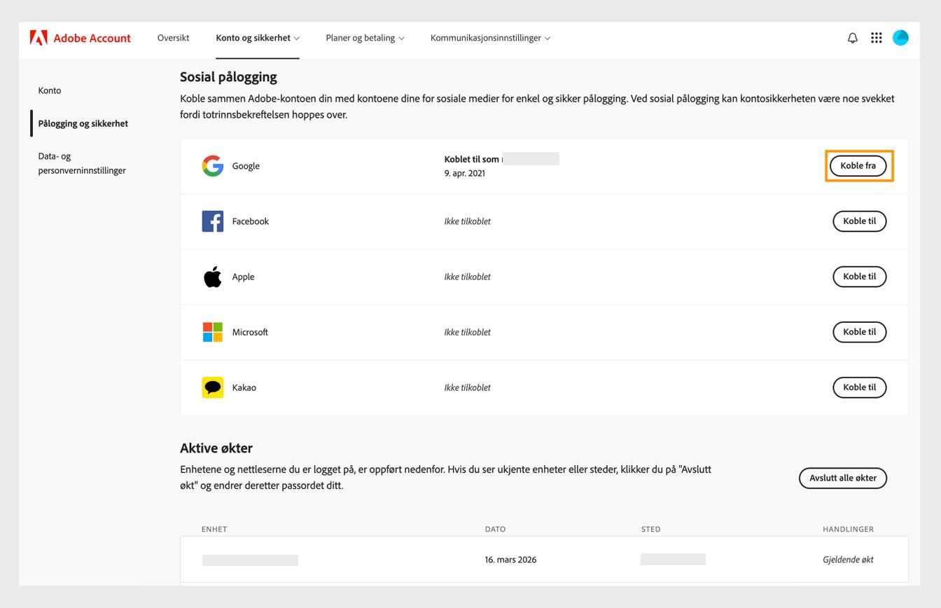 Koble fra-knappen, som er tilgjengelig på høyre side av skjermen under Sosial pålogging, lar deg koble fra sosiale medier-kontoene dine fra Adobe-kontoen din. 