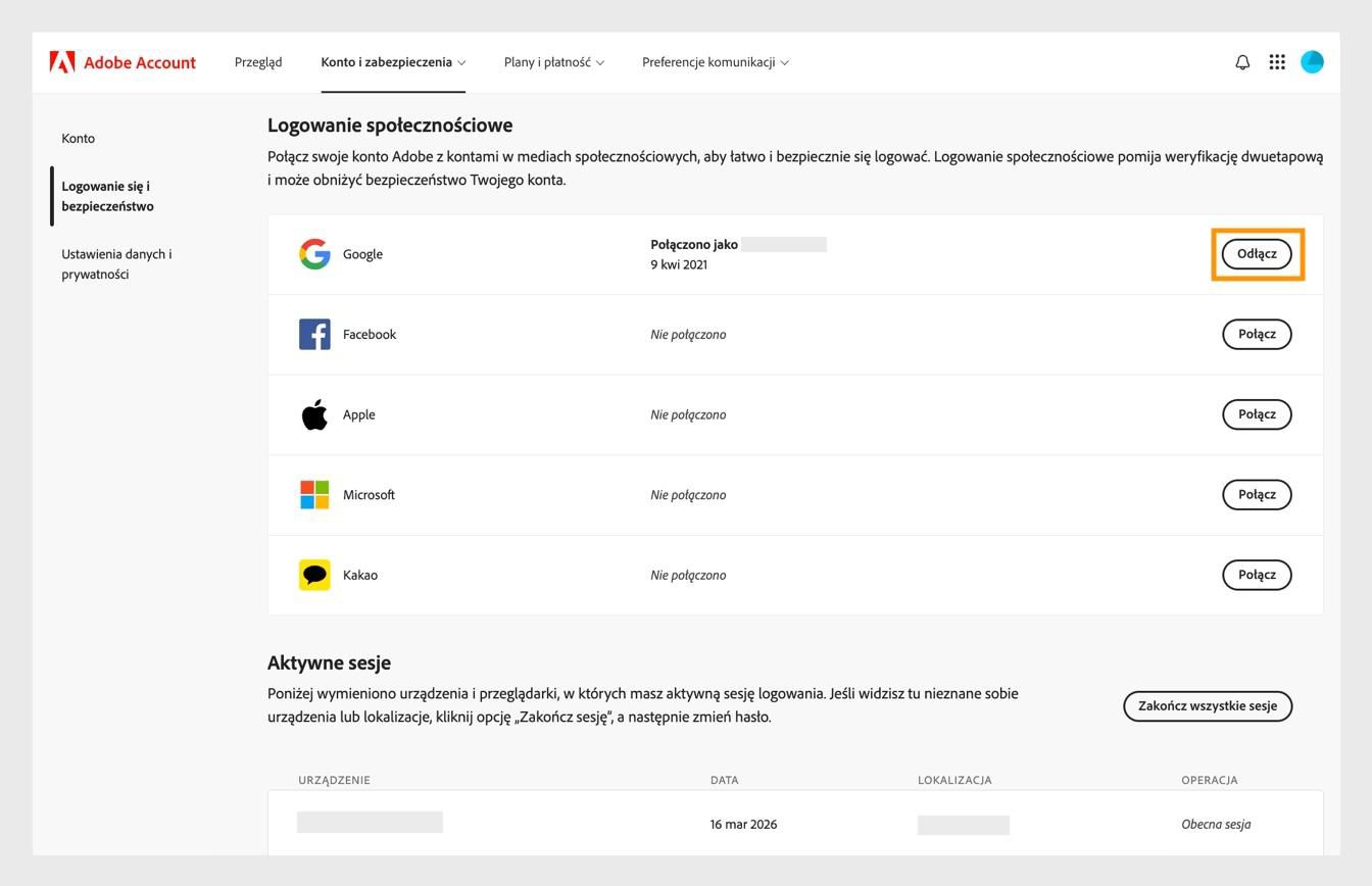 Przycisk Odłącz, dostępny po prawej stronie ekranu w sekcji Logowanie społecznościowe, umożliwia odłączenie kont mediów społecznościowych od konta Adobe.