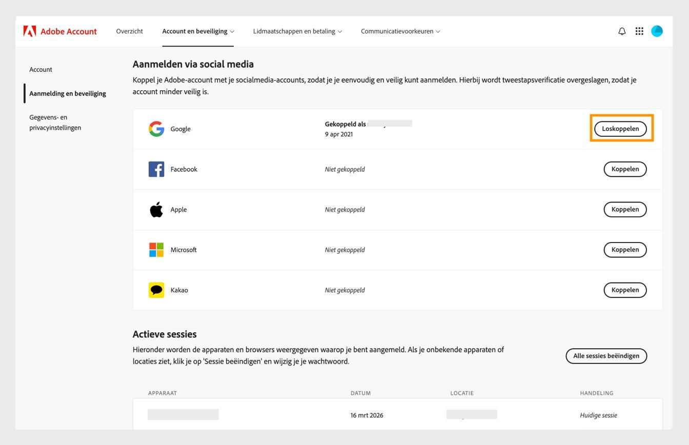 Met de knop Loskoppelen, beschikbaar aan de rechterkant van het scherm onder Aanmelden via socialmedia-account, kun je je socialmedia-accounts koppelen met je Adobe-account.