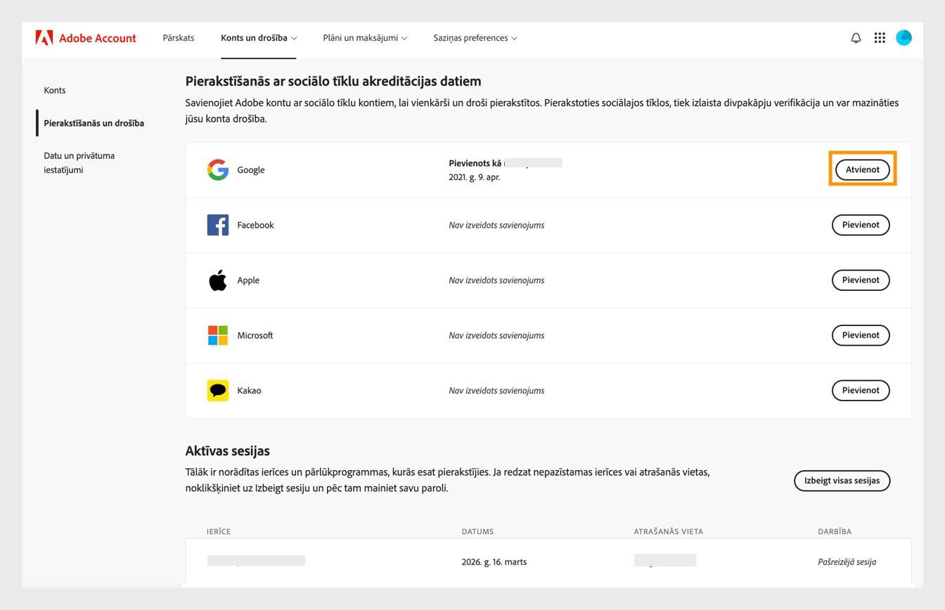Poga Atvienot, kas atrodas ekrāna labajā pusē zem Pierakstīšanās ar sociālo tīklu kontu, ļauj atvienot sociālo tīklu kontus no Adobe konta. 
