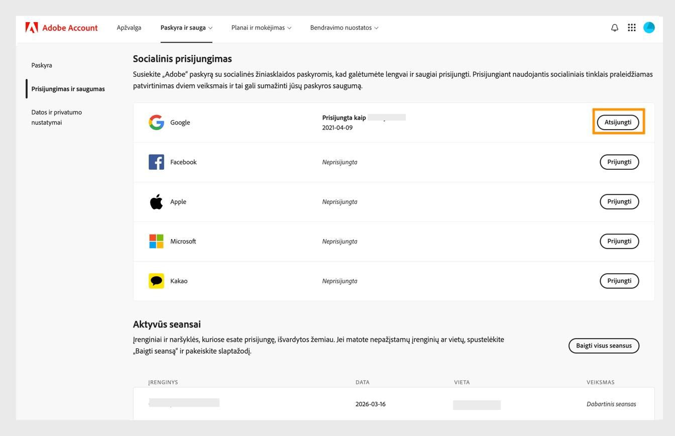 Mygtukas „Atjungti“, esantis skilties „Prisijungimas naudojant socialinius tinklus“ dešinėje ekrano pusėje, leidžia atjungti socialinių tinklų paskyras nuo „Adobe“ paskyros.