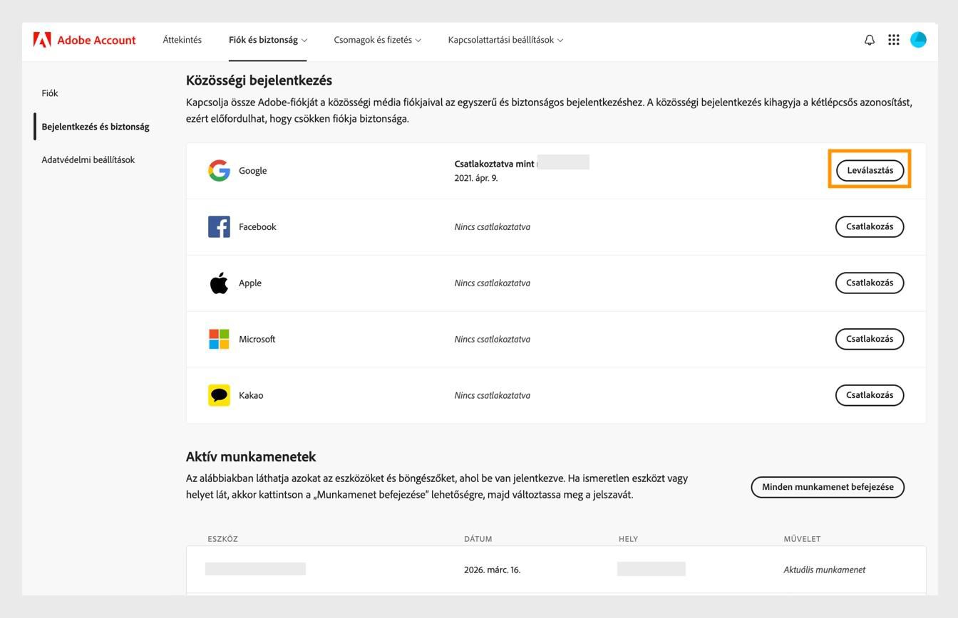 A Leválasztás gomb, amely a képernyő jobb oldalán található a Közösségi bejelentkezés alatt, lehetővé teszi a közösségi média fiókok leválasztását az Adobe-fiókjáról. 