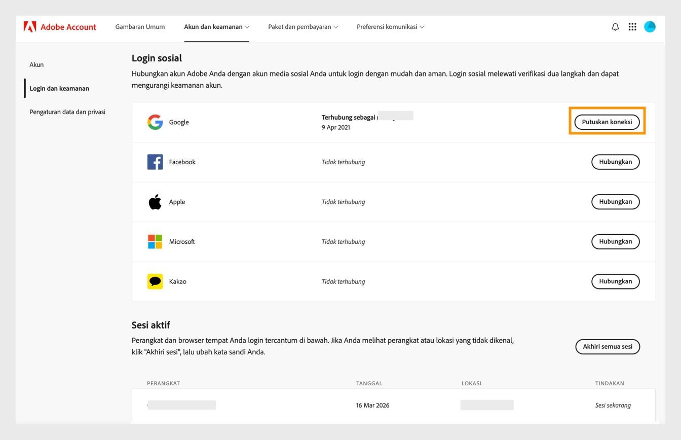 Tombol Putuskan koneksi, tersedia di sisi kanan layar di bawah Login media sosial, memungkinkan Anda memutuskan koneksi akun media sosial dari akun Adobe Anda.