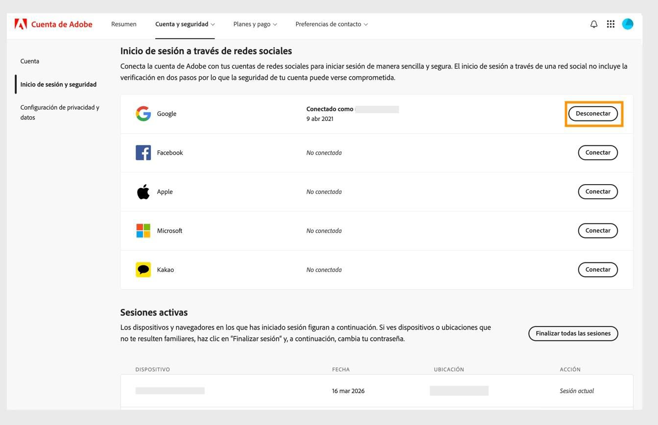 El botón Desconectar, disponible en el lado derecho de la pantalla, bajo Inicio de sesión mediante red social, le permite desconectar sus cuentas de redes sociales de su cuenta de Adobe. 