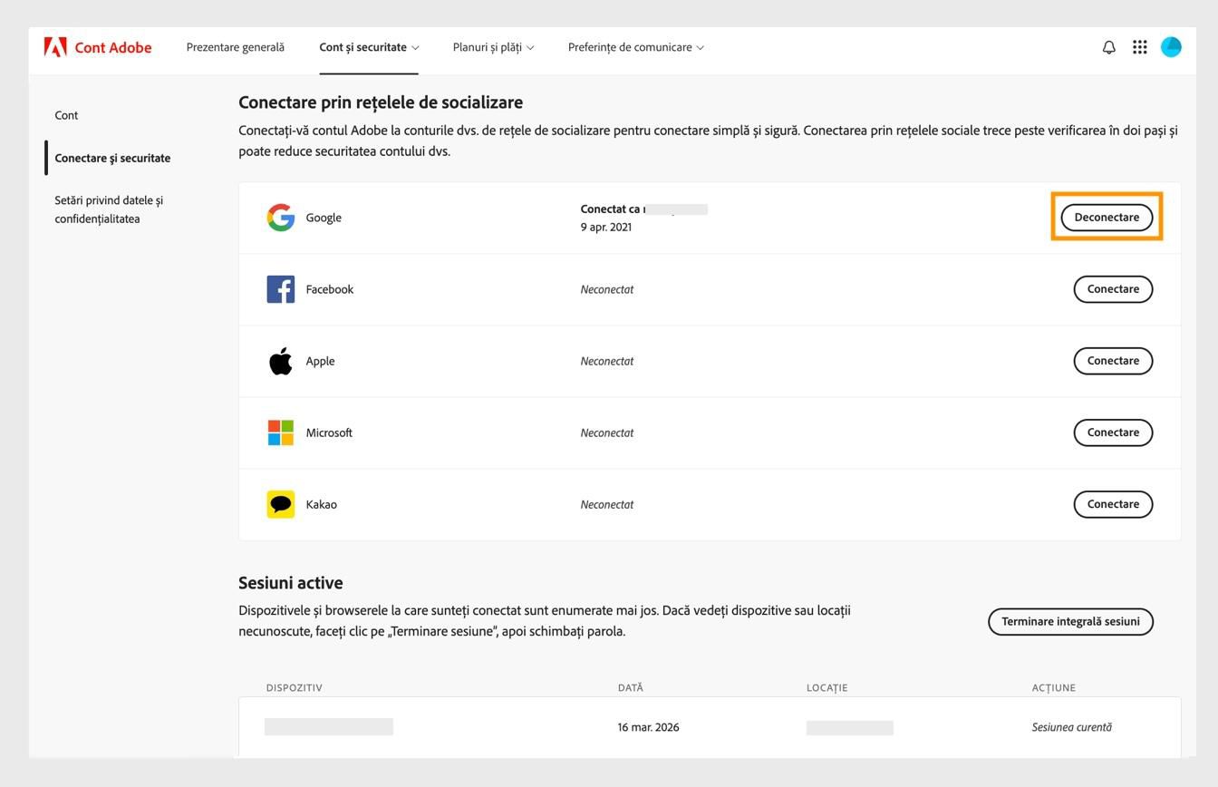 Butonul Deconectare, disponibil în partea dreaptă a ecranului sub Conectare socială, vă permite să vă deconectați conturile de social media de la contul Adobe. 