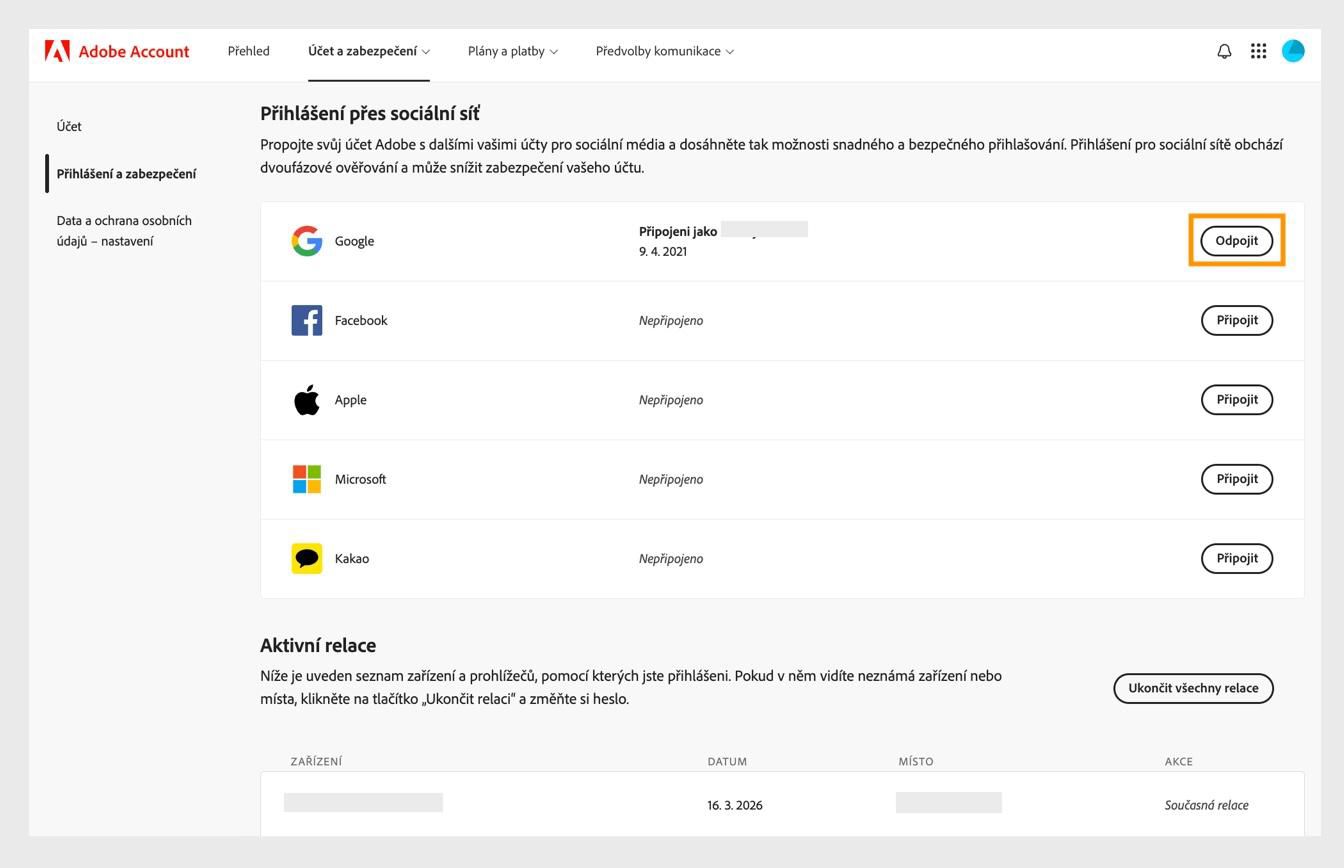 Tlačítko Odpojit, které je k dispozici na pravé straně obrazovky v části Přihlášení přes sociální sítě, umožňuje odpojit účty sociálních médií od účtu Adobe.