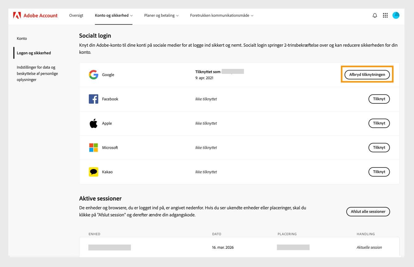 Knappen Ophæv tilknytning, der er tilgængelig i højre side af skærmen under Socialt login, giver dig mulighed for at ophæve tilknytningen til dine sociale mediekonti fra din Adobe-konto. 