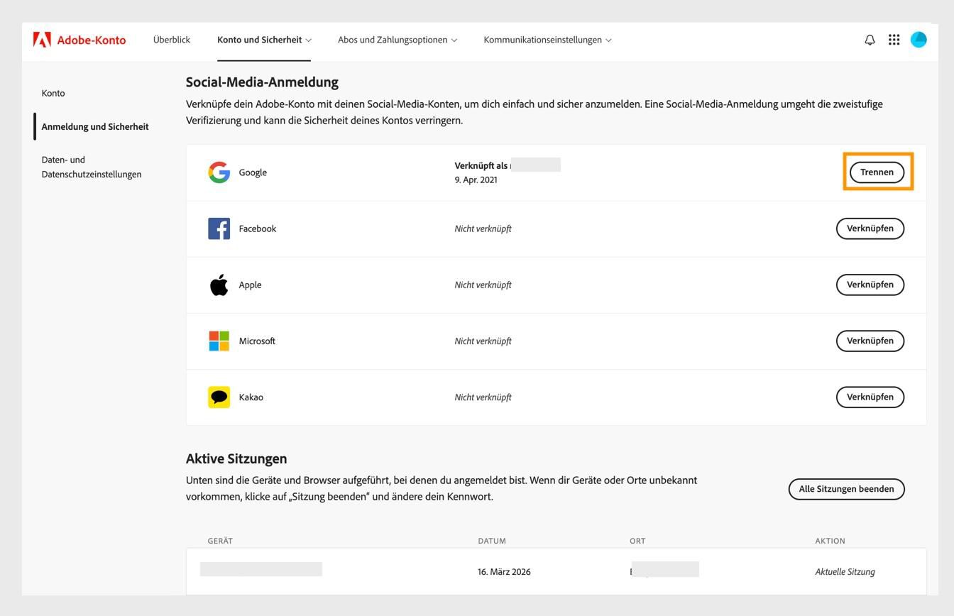 Mit der Schaltfläche „Trennen“ rechts im Bildschirm unter „Social Sign-in“ kannst du deine Social-Media-Konten von deinem Adobe-Konto trennen. 