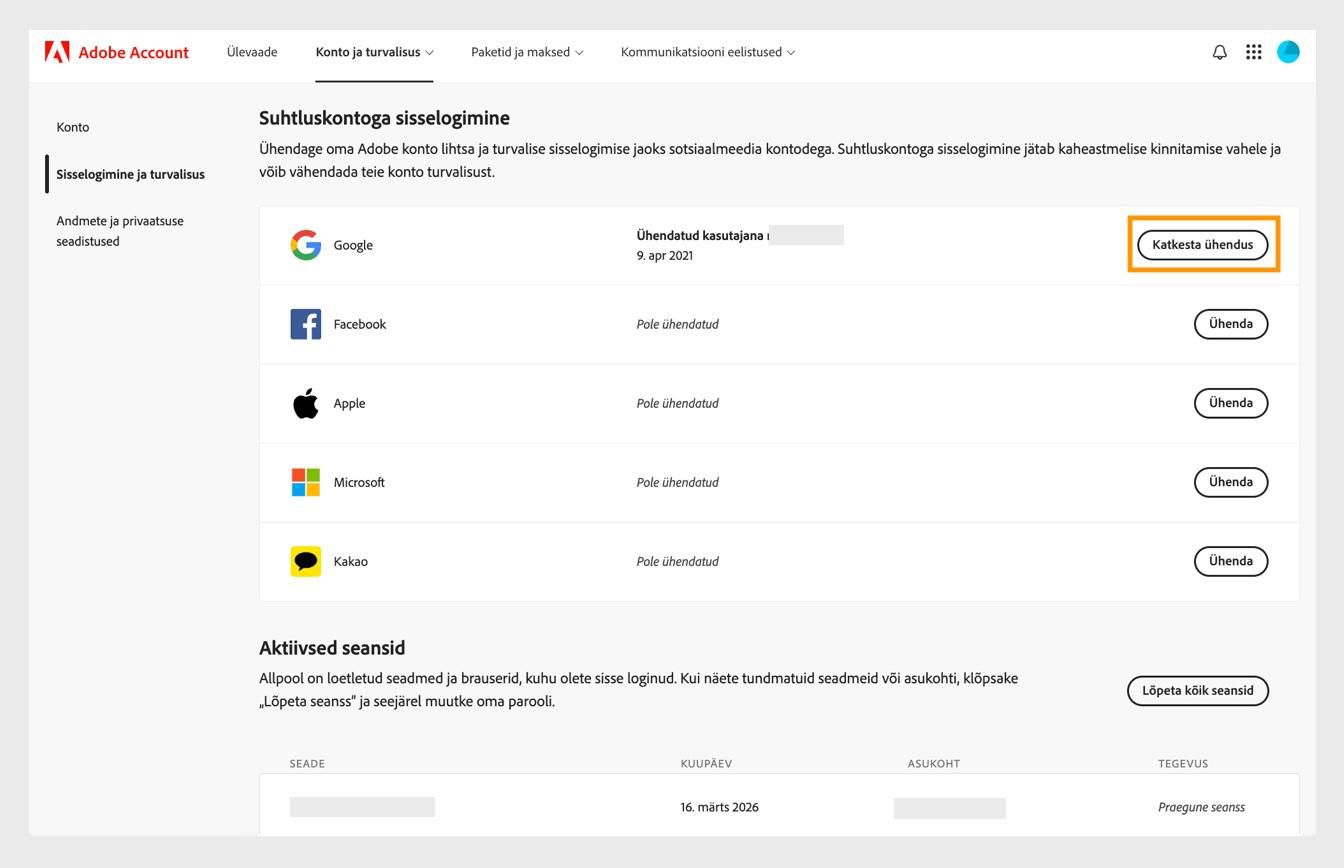 Nupp Lahuta, mis asub ekraani paremal küljel jaotises Sotsiaalmeedia andmetega sisselogimine, võimaldab teil lahutada oma sotsiaalmeedia kontod Adobe kontost. 