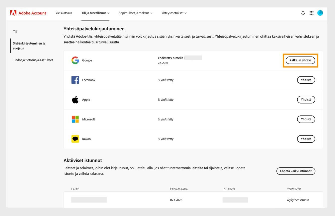 Katkaise yhteys -painike, joka näkyy näytön oikealla puolella Yhteisöpalvelukirjautuminen-osion alla, mahdollistaa sosiaalisen median tilien poistamisen Adobe-tililtäsi. 