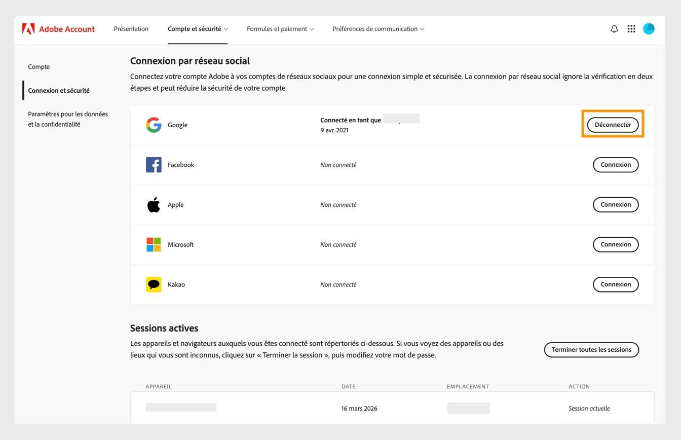 Le bouton Déconnecter, disponible sur le côté droit de l’écran sous Connexion via les réseaux sociaux, vous permettent de connecter vos comptes de réseaux sociaux avec votre compte Adobe. 