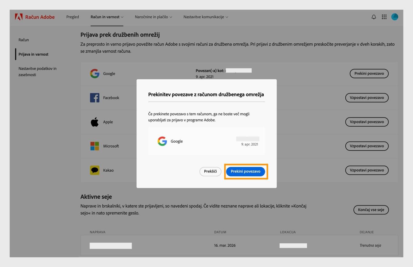 Gumb Prekini povezavo v potrditvenem pogovornem oknu omogoča potrditev, da želite prekiniti povezavo računa družbenega omrežja z računom Adobe.
