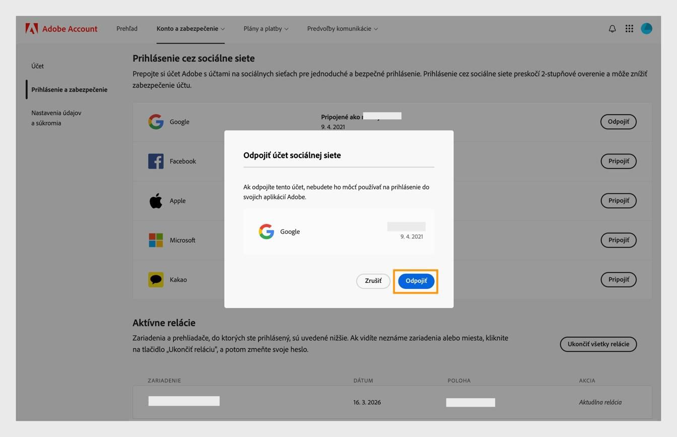 Tlačidlo Odpojiť v potvrdzovacom dialógovom okne vám umožňuje potvrdiť, že chcete odpojiť svoje konto sociálnych médií od konta Adobe.