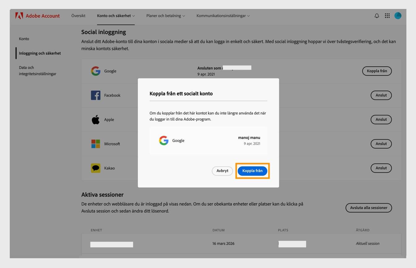 Med knappen Frånkoppla i bekräftelsedialogrutan bekräftar du att du vill frånkoppla ditt sociala medier-konto från ditt Adobe-konto.