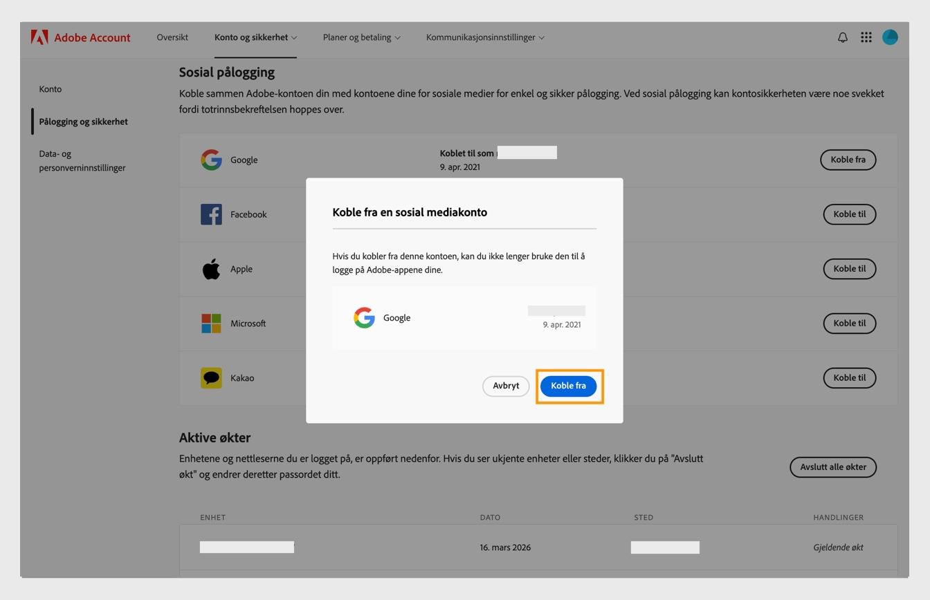 Koble fra-knappen i bekreftelsesdialogboksen lar deg bekrefte at du vil koble fra sosiale medier-kontoen din fra Adobe-kontoen din.