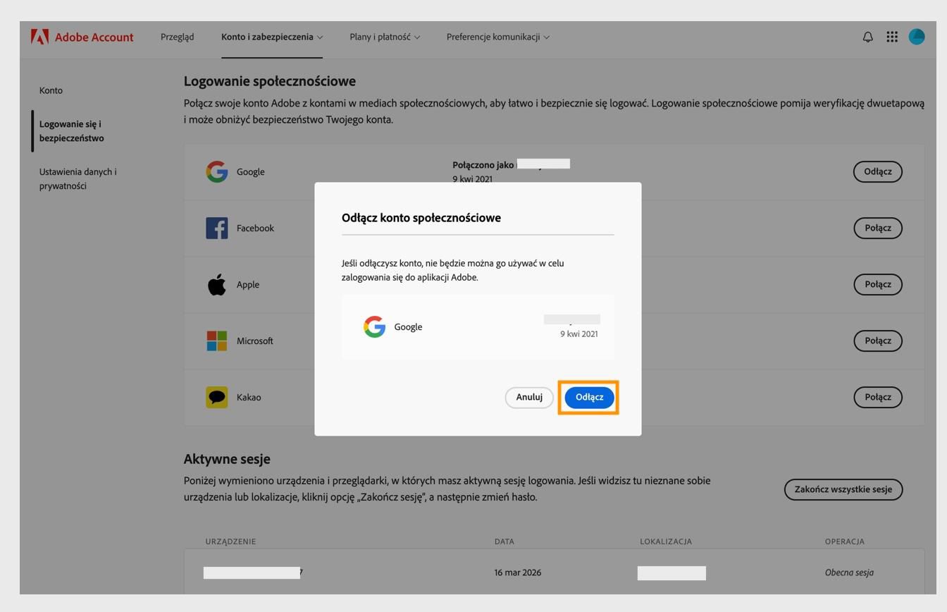 Przycisk Odłącz w oknie dialogowym potwierdzenia umożliwia potwierdzenie chęci odłączenia konta mediów społecznościowych od konta Adobe.
