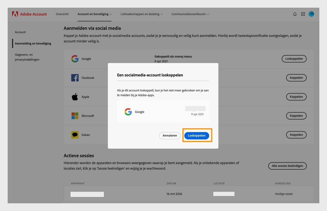 De knop Loskoppelen in het bevestigingsvenster stelt je in staat om te bevestigen dat je je socialmedia-account wilt loskoppelen van je Adobe-account.