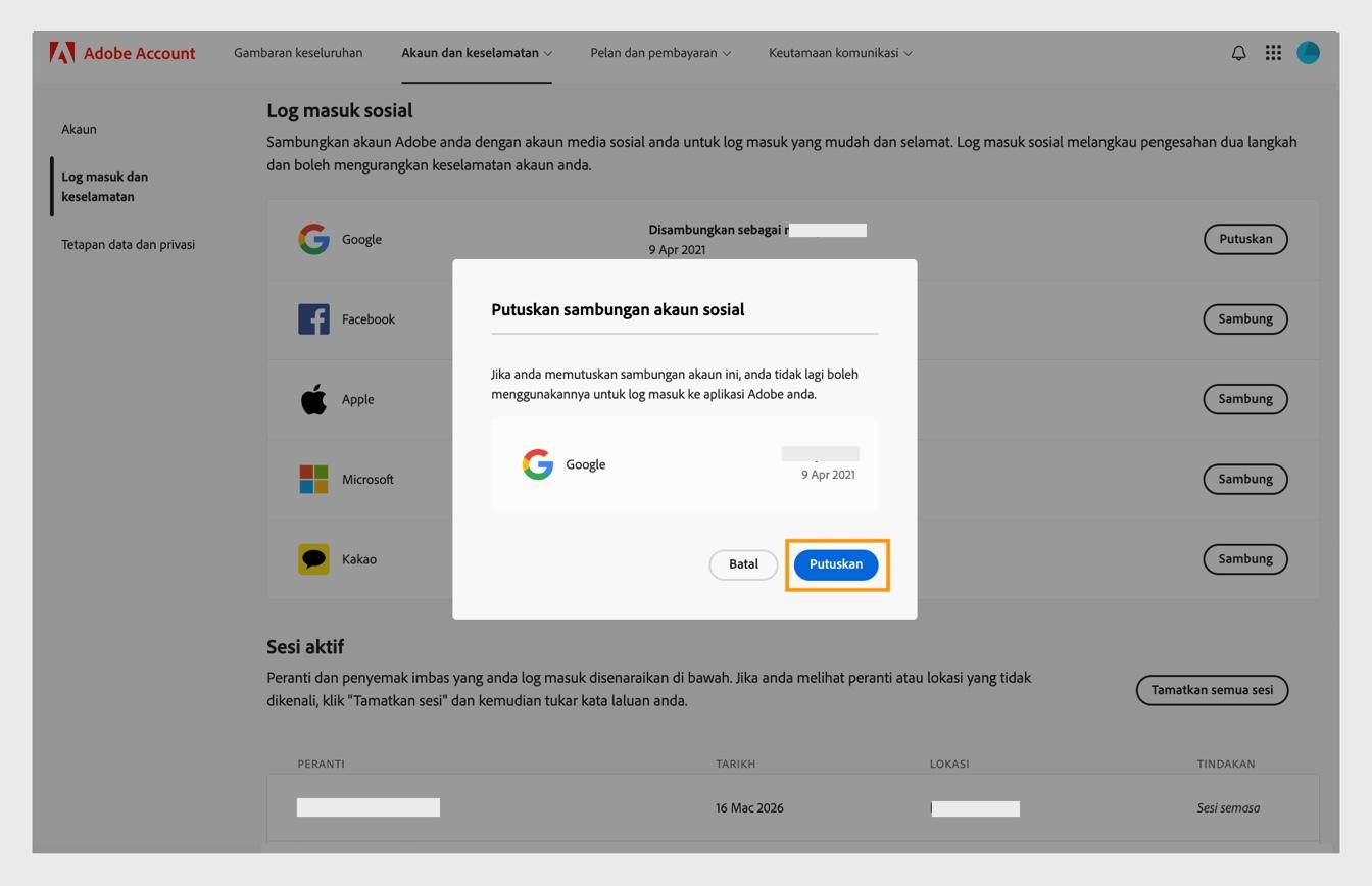Butang Putuskan sambungan dalam kotak dialog pengesahan membolehkan anda mengesahkan bahawa anda mahu memutuskan sambungan akaun media sosial anda daripada akaun Adobe anda.