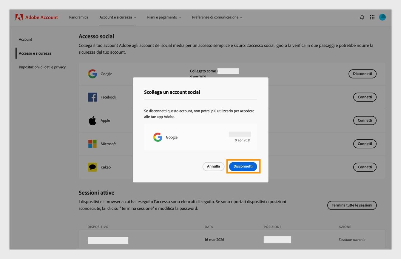 Il pulsante Disconnetti nella finestra di dialogo di conferma ti consente di confermare che desideri disconnettere il tuo account social media dal tuo account Adobe.