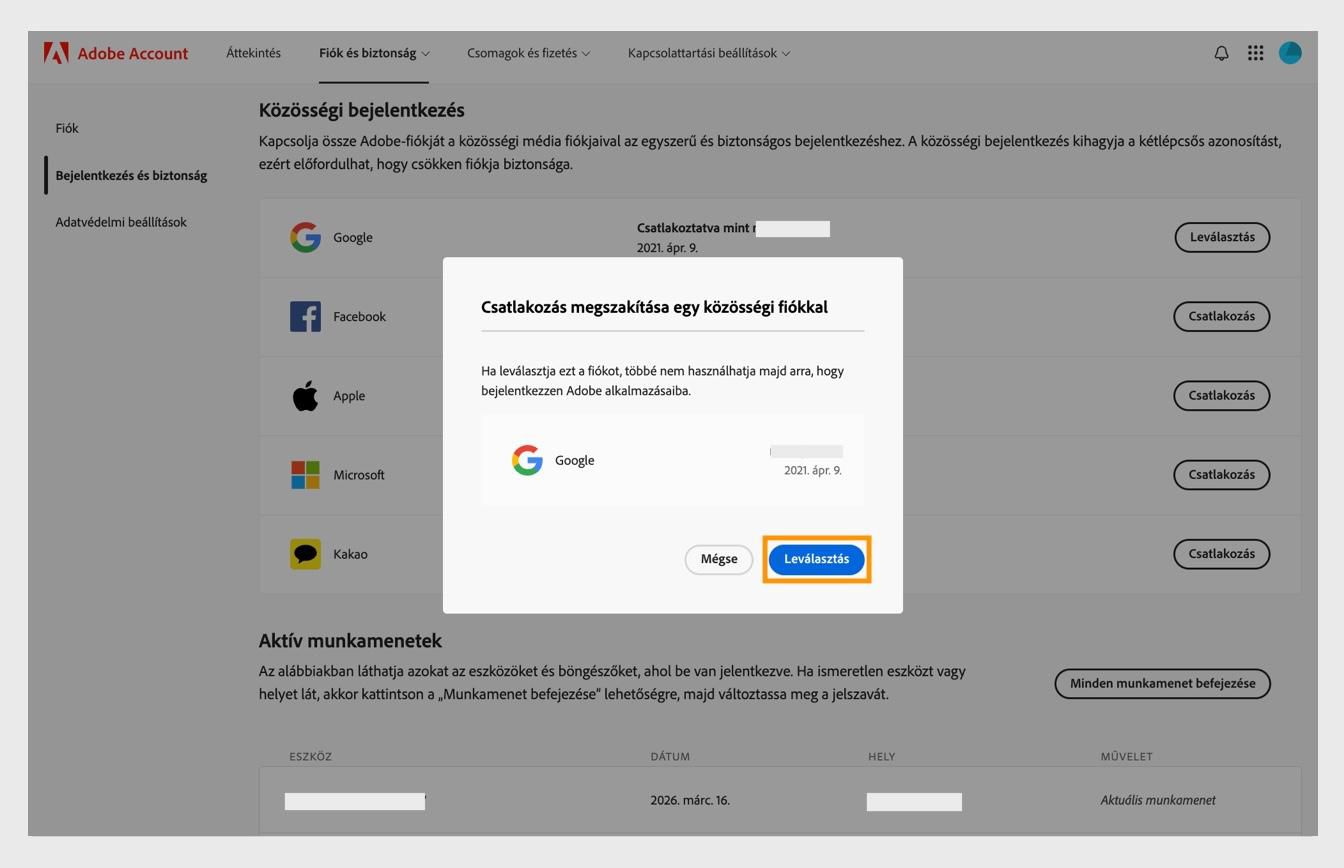 A megerősítő párbeszédpanel Leválasztás gombja lehetővé teszi annak megerősítését, hogy le szeretné választani közösségi média fiókját az Adobe-fiókjáról.