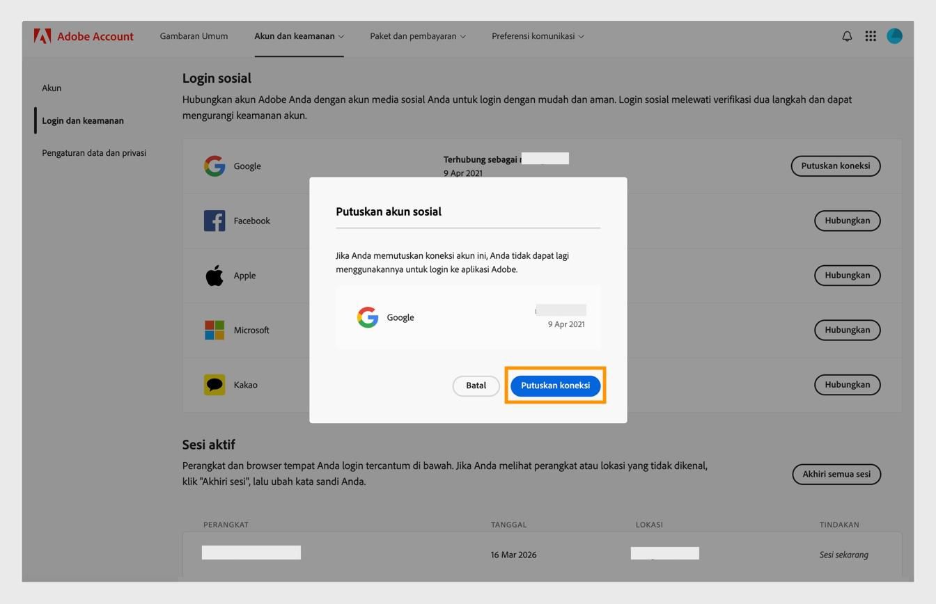 Tombol Putuskan koneksi di kotak dialog konfirmasi memungkinkan Anda mengonfirmasi bahwa Anda ingin memutuskan koneksi akun media sosial dari akun Adobe Anda.
