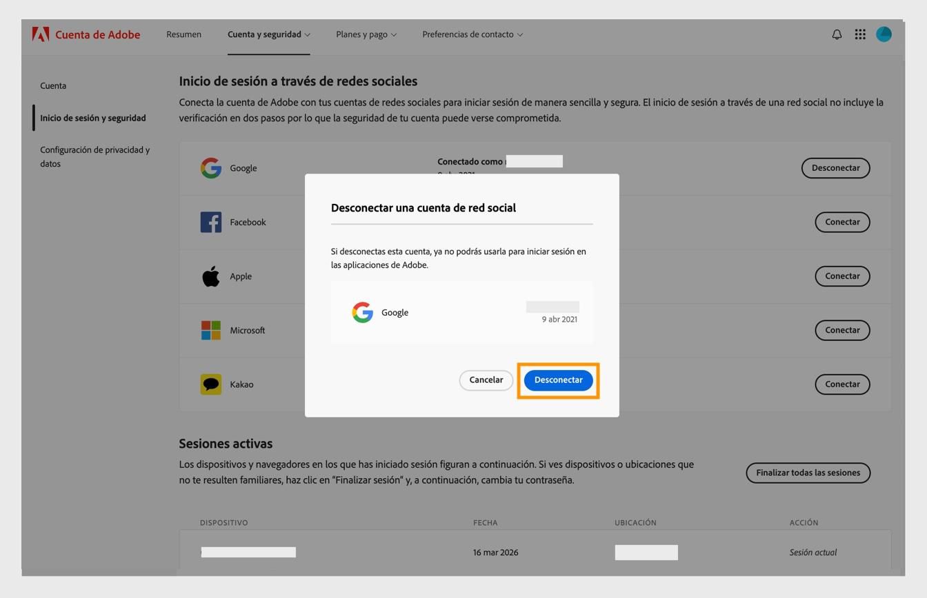 El botón Desconectar en el cuadro de diálogo de confirmación le permite confirmar que desea desconectar su cuenta de redes sociales de su cuenta de Adobe.
