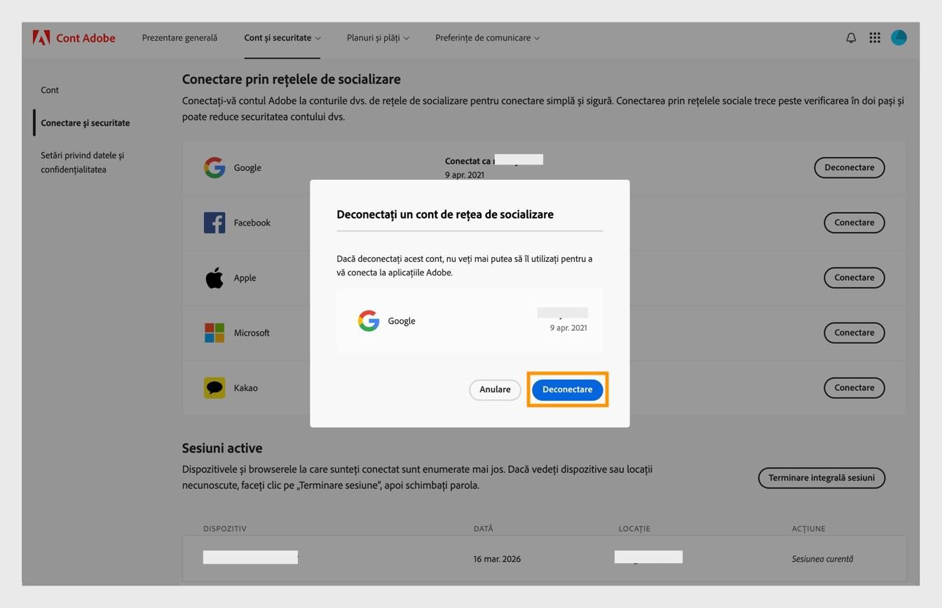 Butonul Deconectare din caseta de dialog de confirmare vă permite să confirmați că doriți să vă deconectați contul de social media de la contul Adobe.