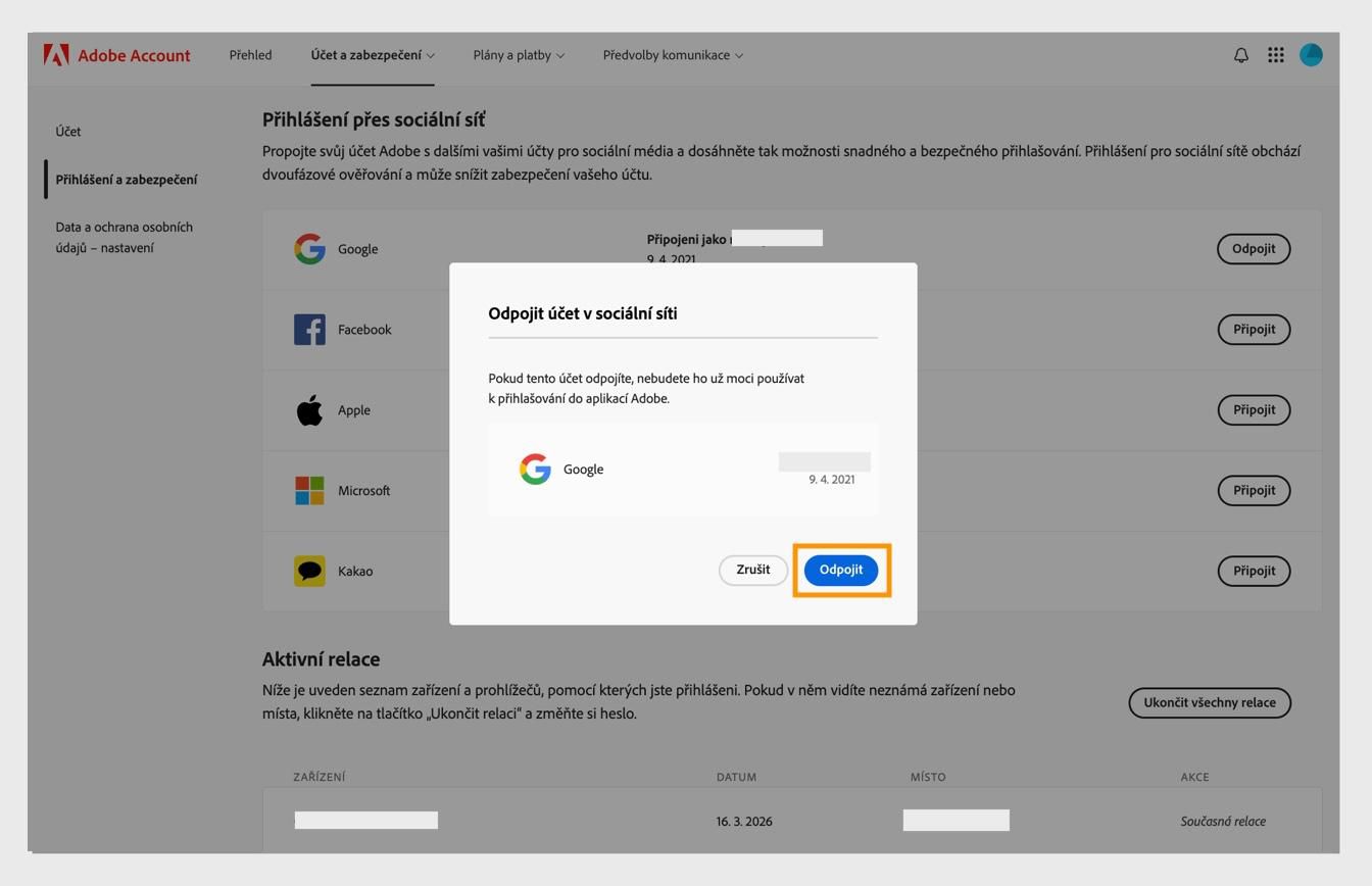Tlačítko Odpojit v potvrzovacím dialogovém okně umožňuje potvrdit, že chcete odpojit účet sociálního média od účtu Adobe.