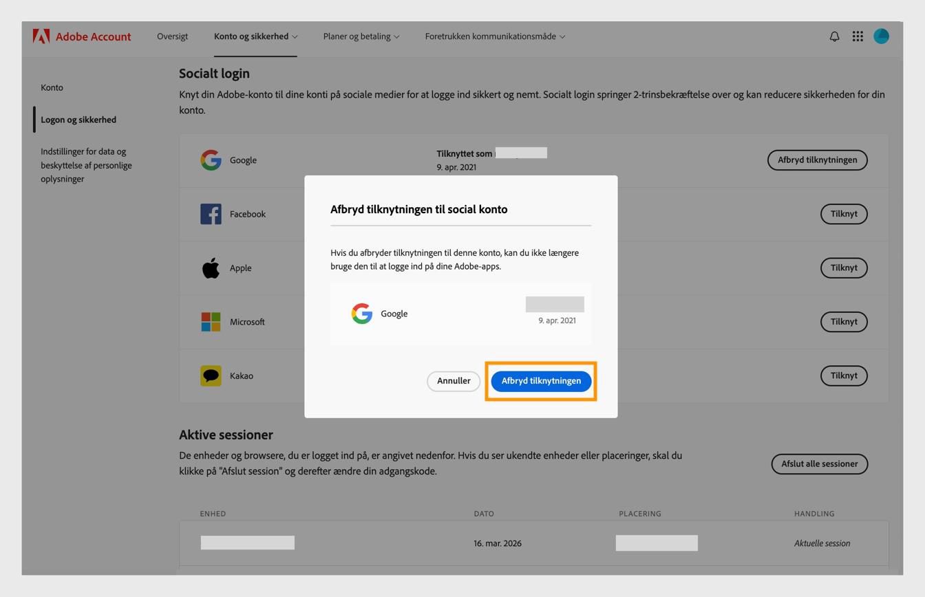 Knappen Ophæv tilknytning i bekræftelsesdialogboksen giver dig mulighed for at bekræfte, at du vil ophæve tilknytningen til din sociale mediekonto fra din Adobe-konto.
