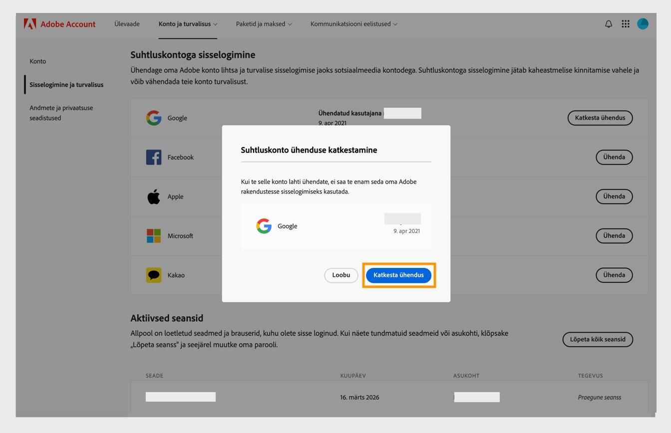Nupp Lahuta kinnitusdialoogi aknas võimaldab teil kinnitada, et soovite oma sotsiaalmeedia konto Adobe kontost lahutada.