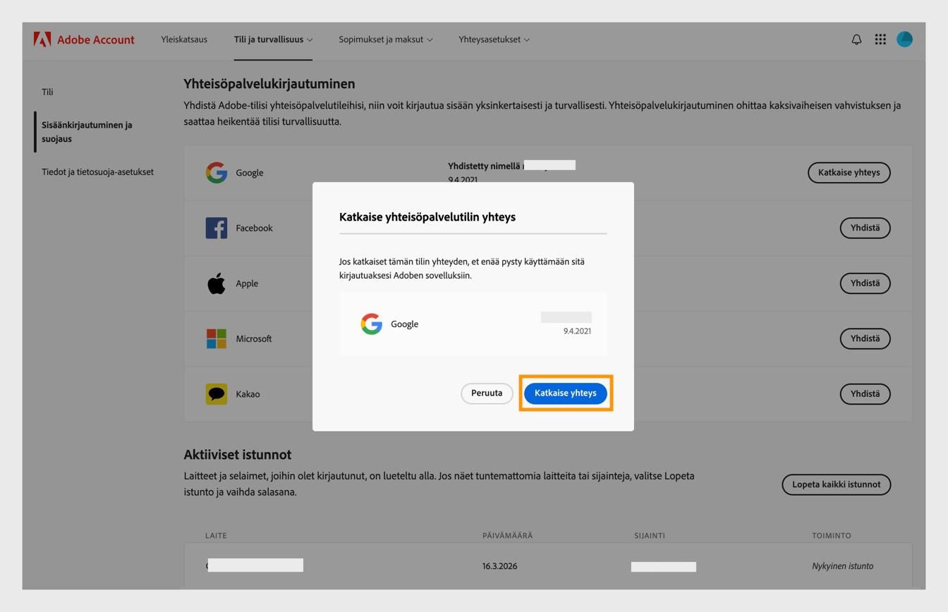 Vahvistusikkunan Irrota-painike mahdollistaa sen vahvistamisen, että haluat irrottaa sosiaalisen median tilisi Adobe-tililtäsi.