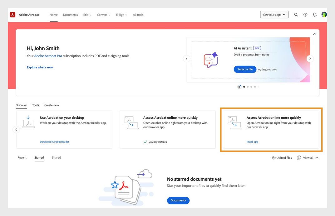 На вкладці «Огляд» на головній сторінці Acrobat показано картку для встановлення вебпрограми Acrobat.