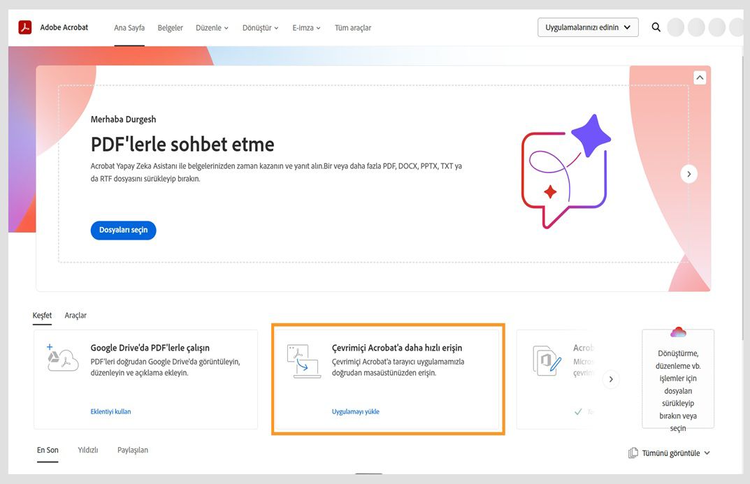 Acrobat web ana sayfasındaki Bul sekmesinde Acrobat web uygulamasını yüklemeyle ilgili bir kart görüntüleniyor.