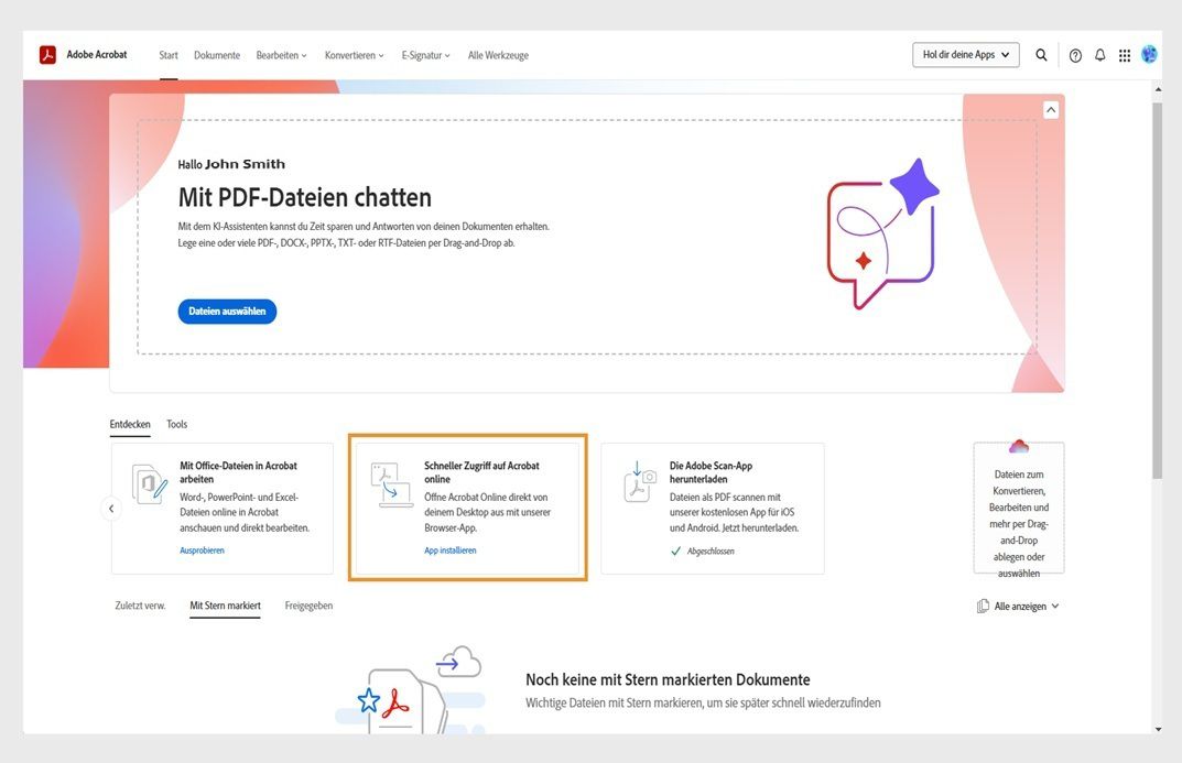 Auf der Registerkarte „Entdecken“ auf der Homepage von Acrobat wird eine Karte für die Installation der Anwendung Acrobat im Web angezeigt.