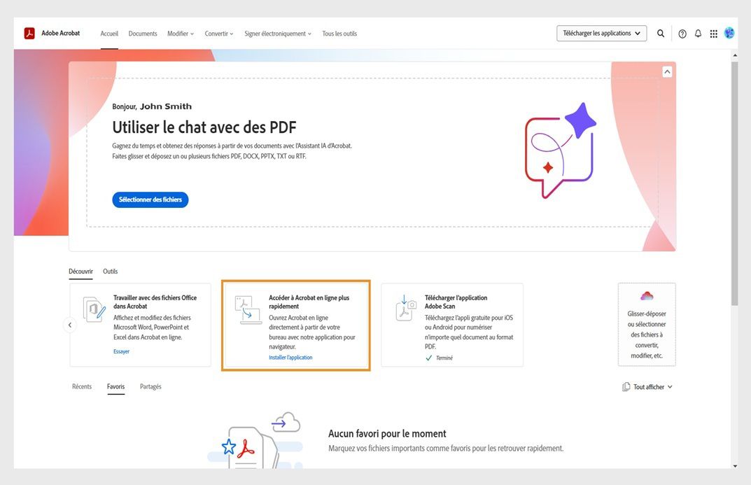 L’onglet Découvrir de la page d’accueil d’Acrobat sur le Web comporte une carte qui permet d’installer l’application Acrobat sur le Web.