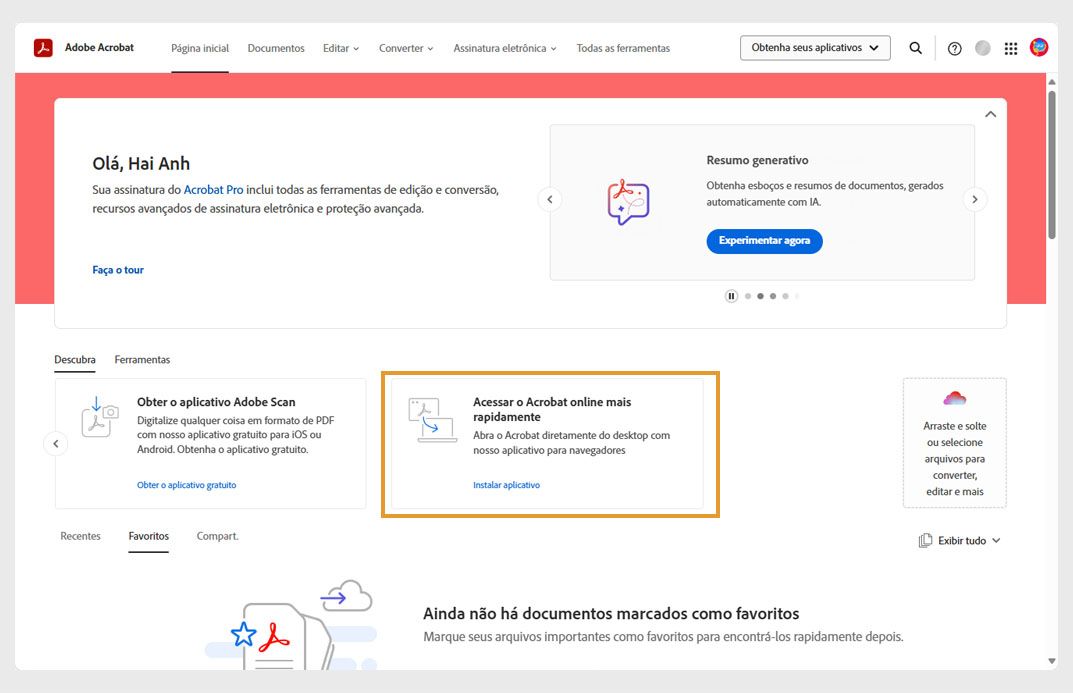 A guia Descobrir na página inicial do Acrobat exibe um cartão para instalar o aplicativo Acrobat na web.