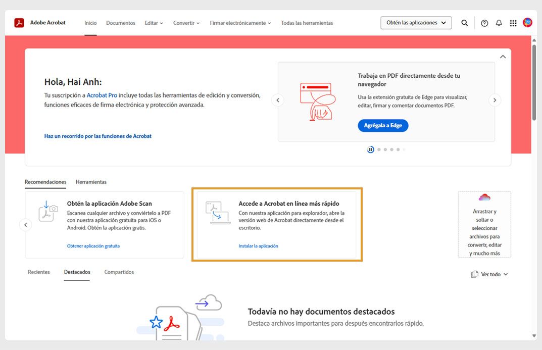 La pestaña Descubrir de la página principal de Acrobat muestra una tarjeta para instalar la aplicación web de Acrobat.