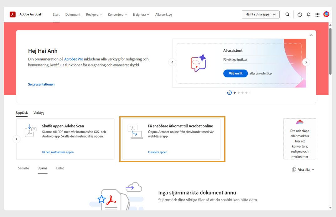 Fliken Upptäck på startsidan för Acrobat på webben visar ett kort för installation av appen för Acrobat på webben.