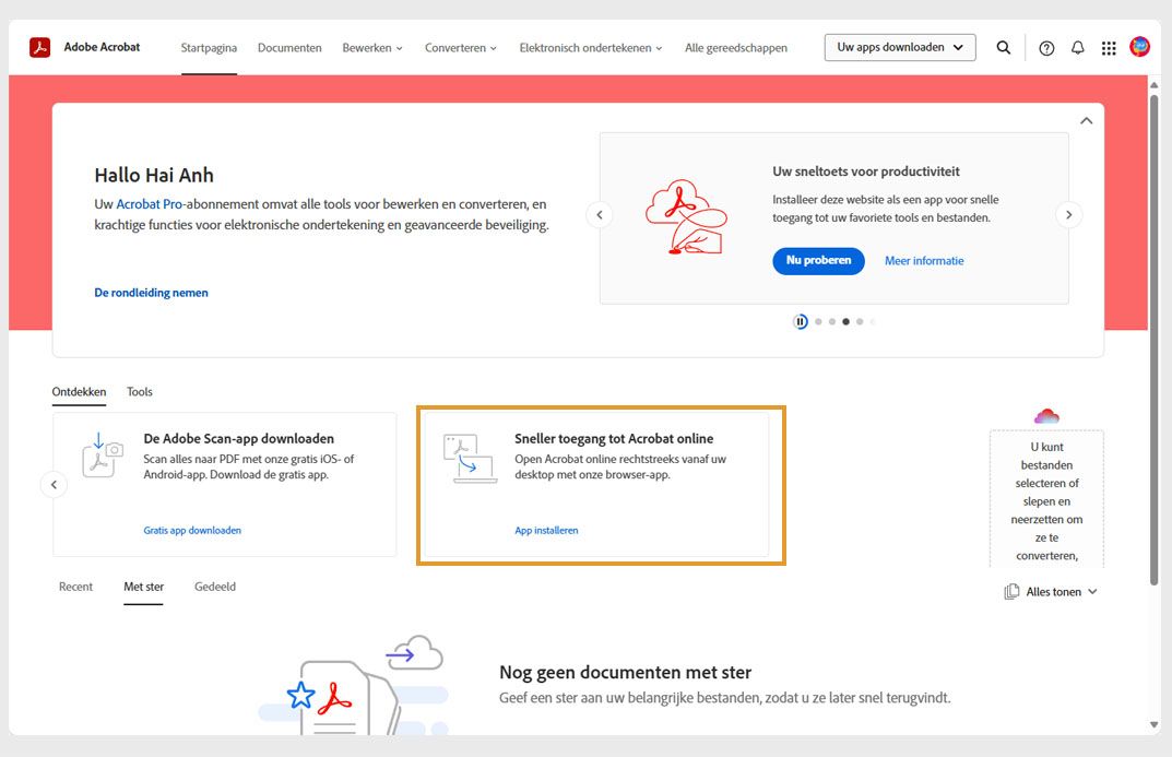 Het tabblad Ontdekken op de startpagina van Acrobat op het web geeft een kaart weer voor het installeren van de toepassing Acrobat op het web.