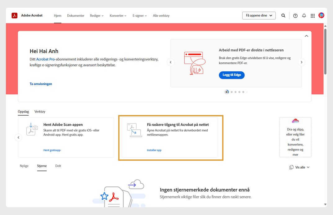 Oppdag-fanen på Acrobats nettside viser et kort for å installere Acrobat på nettapplikasjonen.