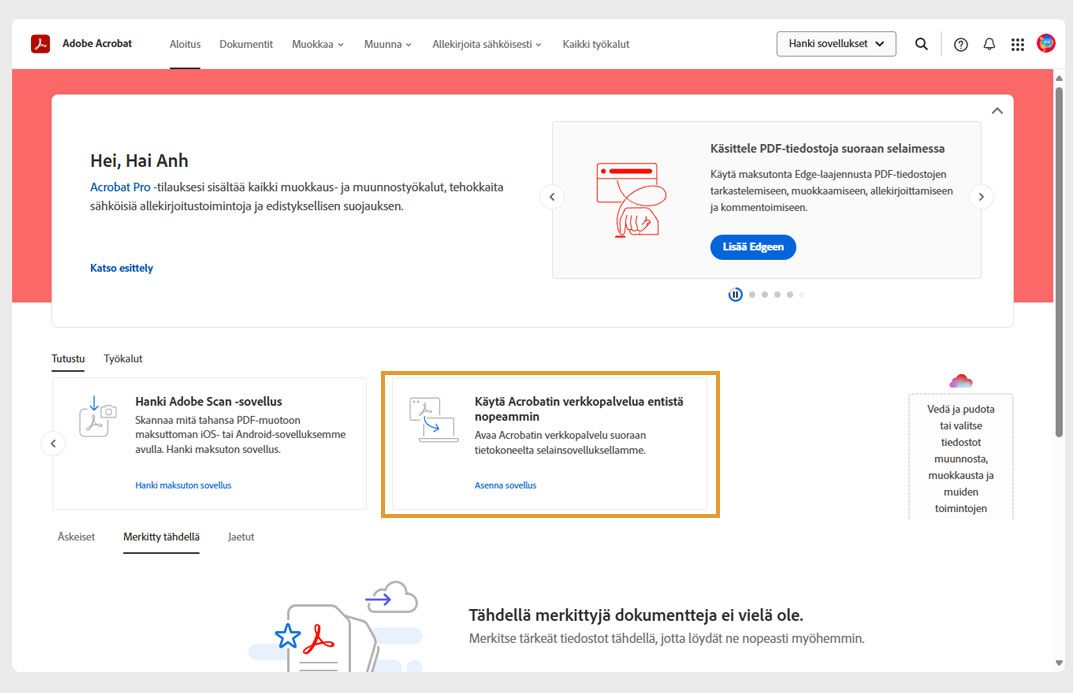 Acrobatin verkkoversion aloitussivun Tutustu-välilehdellä näkyy kortti Acrobatin verkkosovelluksen asentamista varten.