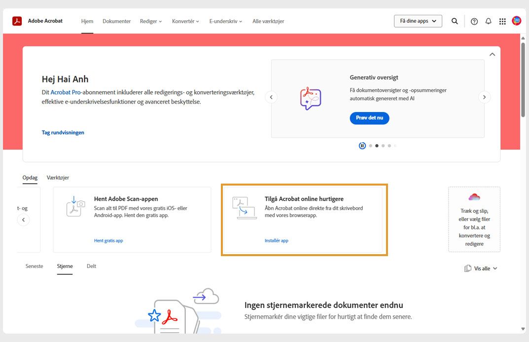 Fanen Discover på startsiden for Acrobat på internettet viser et kort til installation af programmet Acrobat på internettet.